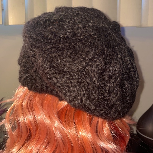 NWOT knitted deep brown slouchy cap with olive green flower accent. By Mojo Spa. - Picture 4 of 8